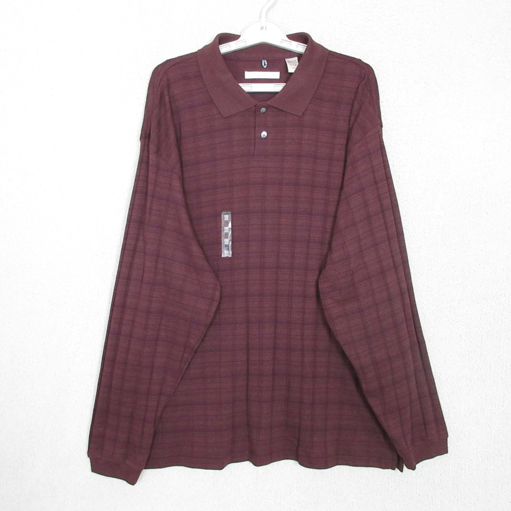Geoffrey Beene Mens XXL Long Sleeve Polo Shirt Burgundy Grid Cotton Blend NWT